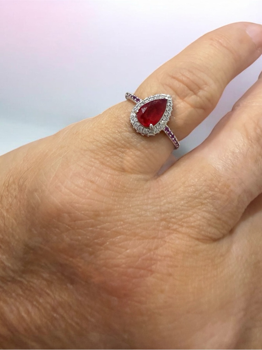 Elegant Teardrop Red Gemstone Halo Ring - Women's /girls size 4